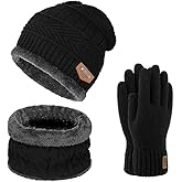 Warm Winter Beanie Hat & Scarf Set Stylish Knit Skull Cap for Men Women (05 Black)
