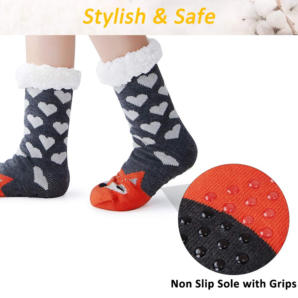 RAISEVERN Girls 3D Animal Printed Fluffy Slipper Socks Cute House Anti Slip Lounge Socks Gray Heart Orange Fox Boys Christmas Holiday Festive Crazy Cozy Warmth Kniting Hosiery With Sherpa Lining
