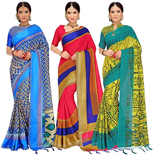 ELINA FASHION Pack of Three Sarees For Indian Women Cotton Silk Printed Weaving Border Saree Multi 4 Free Size