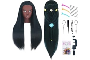 Gemiei Mannequin Head with Hair 26"-28'' Doll Head for Hair Styling Manikin Practice Cosmetology Training Braiding Heads With Clamp Holder and Styling Tools (Black)