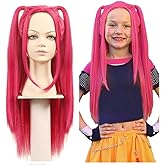 FantaLook Long Straight Hot Pink Cosplay Wig with 2 Ponytails for Halloween Party Costume(Small Size)