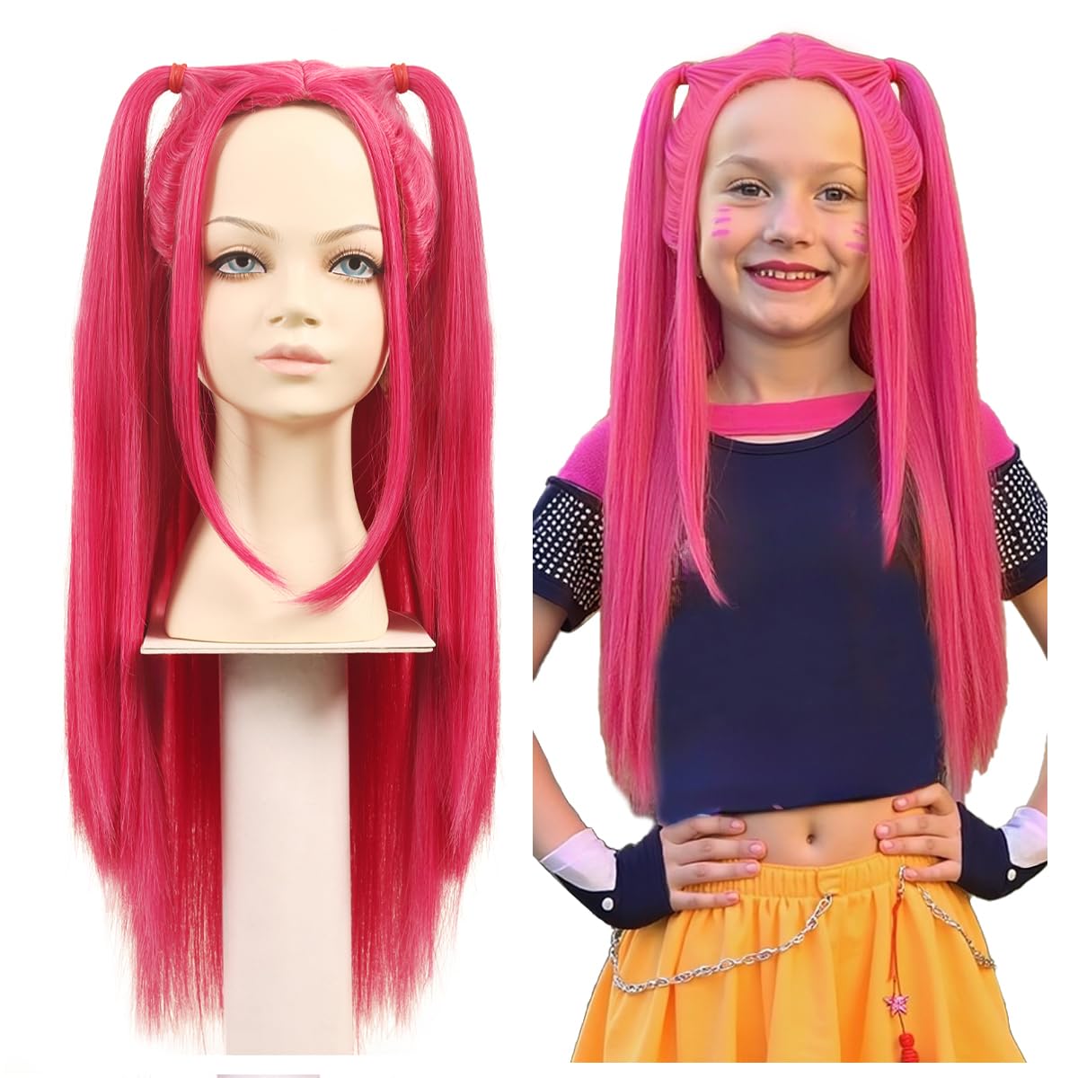 Photo 1 of FantaLook Long Straight Hot Pink Cosplay Wig with 2 Ponytails for Halloween Party Costume?Small Size?