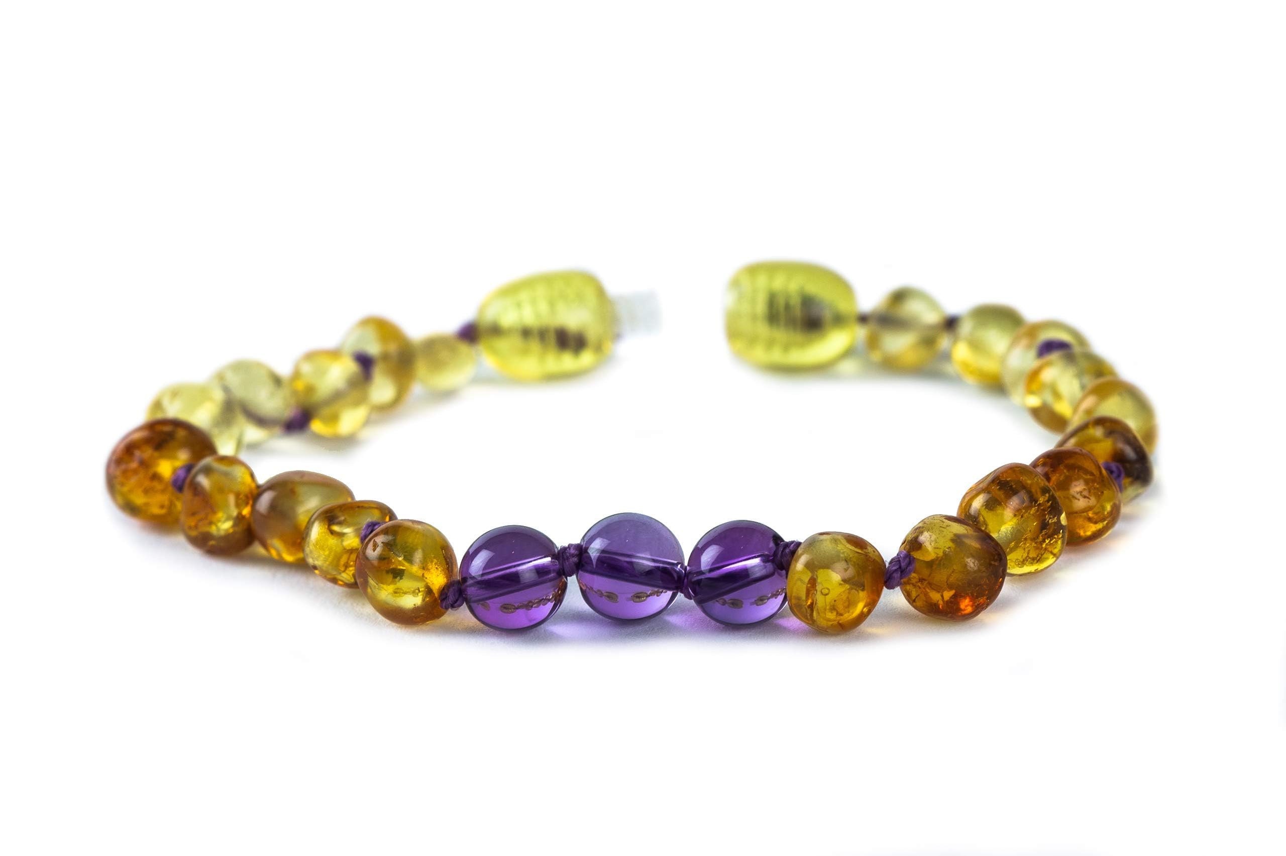 Baby J's - Lemon, Honey and Amethyst Coloured Bracelet/Anklet - Premium Amber Bracelet - Handcrafted with 100% Baltic Amber - Fitted with a Safety Screw Clasp - Knotted to Prevent Scattering - 17cm — image 1