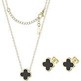 KYJAC Clover Necklace and Stud Earrings Jewelry Set White Black Red Clover Pendant Necklace 18k Gold Plated Four Leaf Clover Necklace Earrings Set Gifts for Women