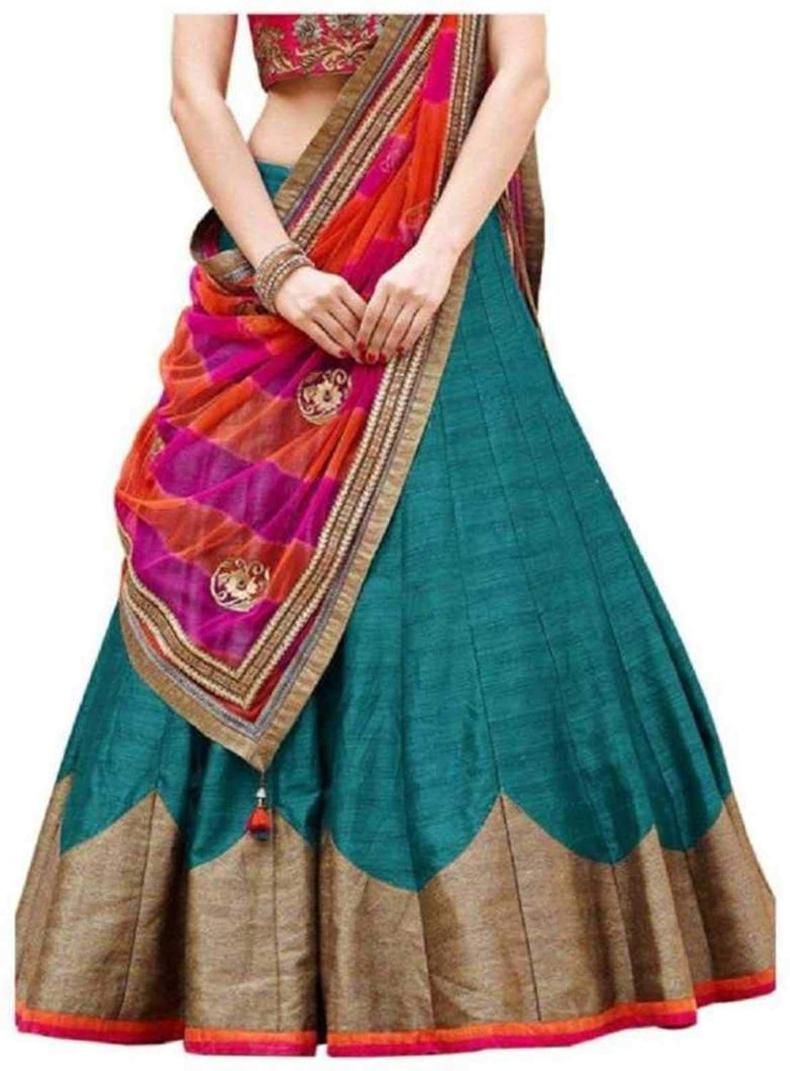 tisha fashion women's banglory silk lehenga choli (firozi and pink)