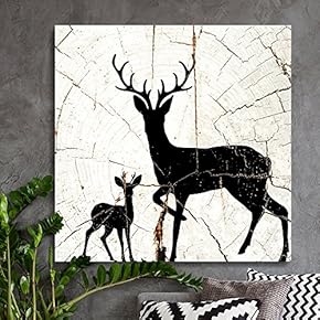Square Canvas Wall Art - Deer Silhouette Wood Effect Canvas - Giclee Print Gallery Wrap Modern Home Art Ready to Hang - 12x12 inches