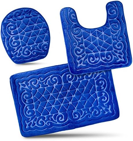  Bathroom Rug Mats Set 3 Piece - Memory Foam Extra Soft Shower Bath Rugs – Contour Mat and Lid Cover - Perfect Combination of Luxury and Comfort - Royal Blue/Designs