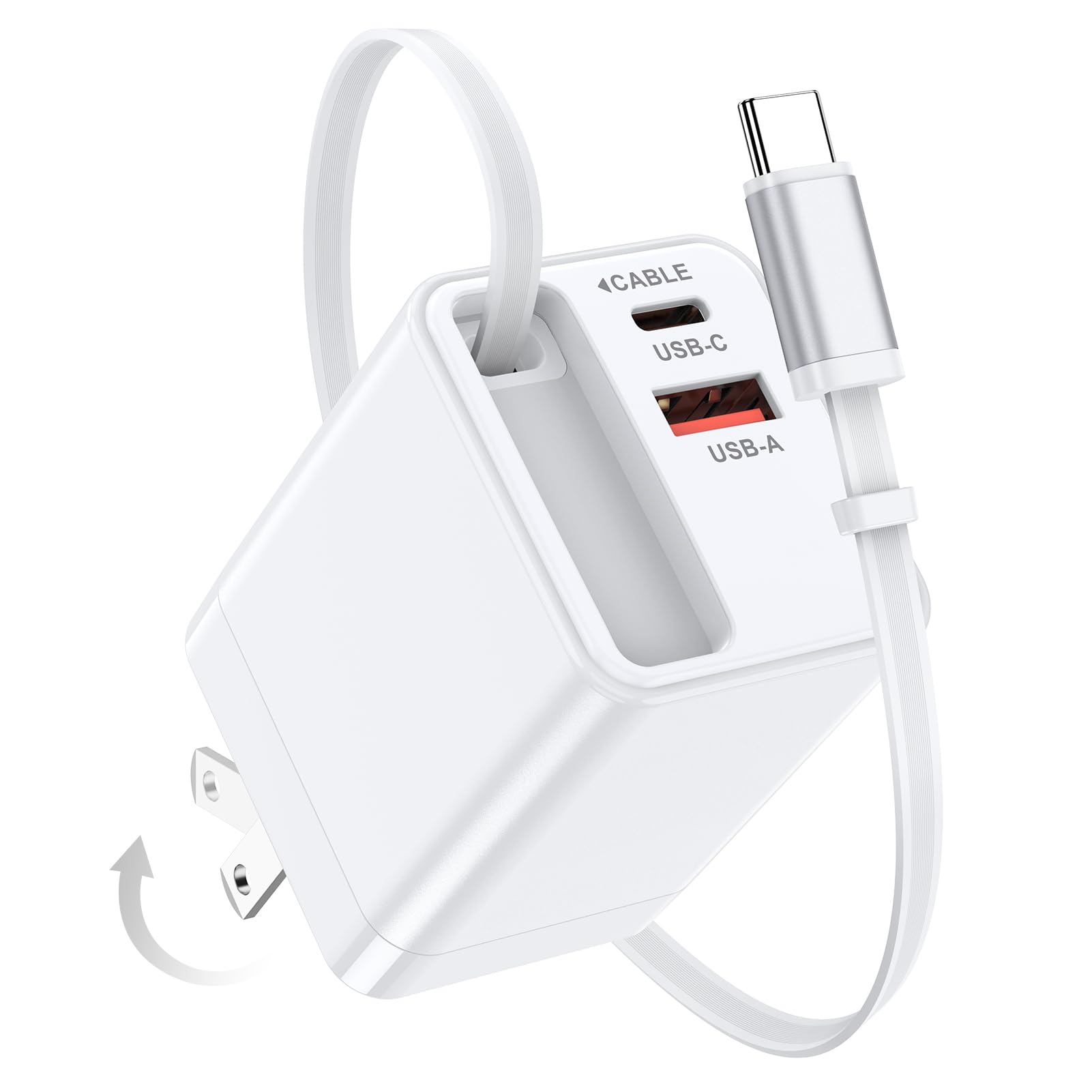USB C Retractable Wall Charger with Foldable Plug,35W PD&QC Fast Charging Block with 3FT Retractable USB C Cords for iPhone 17 Pro Max/17/Air/16/16 Pro/15 Plus/iPad/Samsung Galaxy S25/S24/Pixel 10/9/8