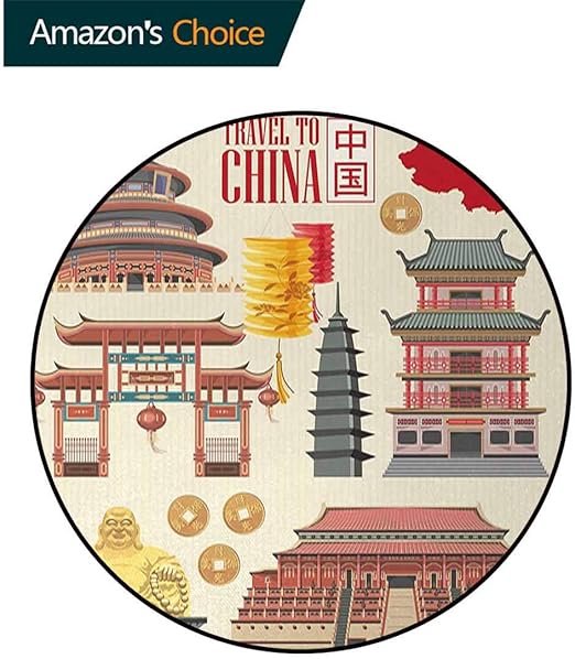 Amazon 古代中国 家の装飾カーペット ビンテージスタイルの伝統的なアジアの建物図中国地図シルエットプリントフロアマット ポリエステルラウンドカーペット 多色 直径 80cm ラグ カーペット オンライン通販