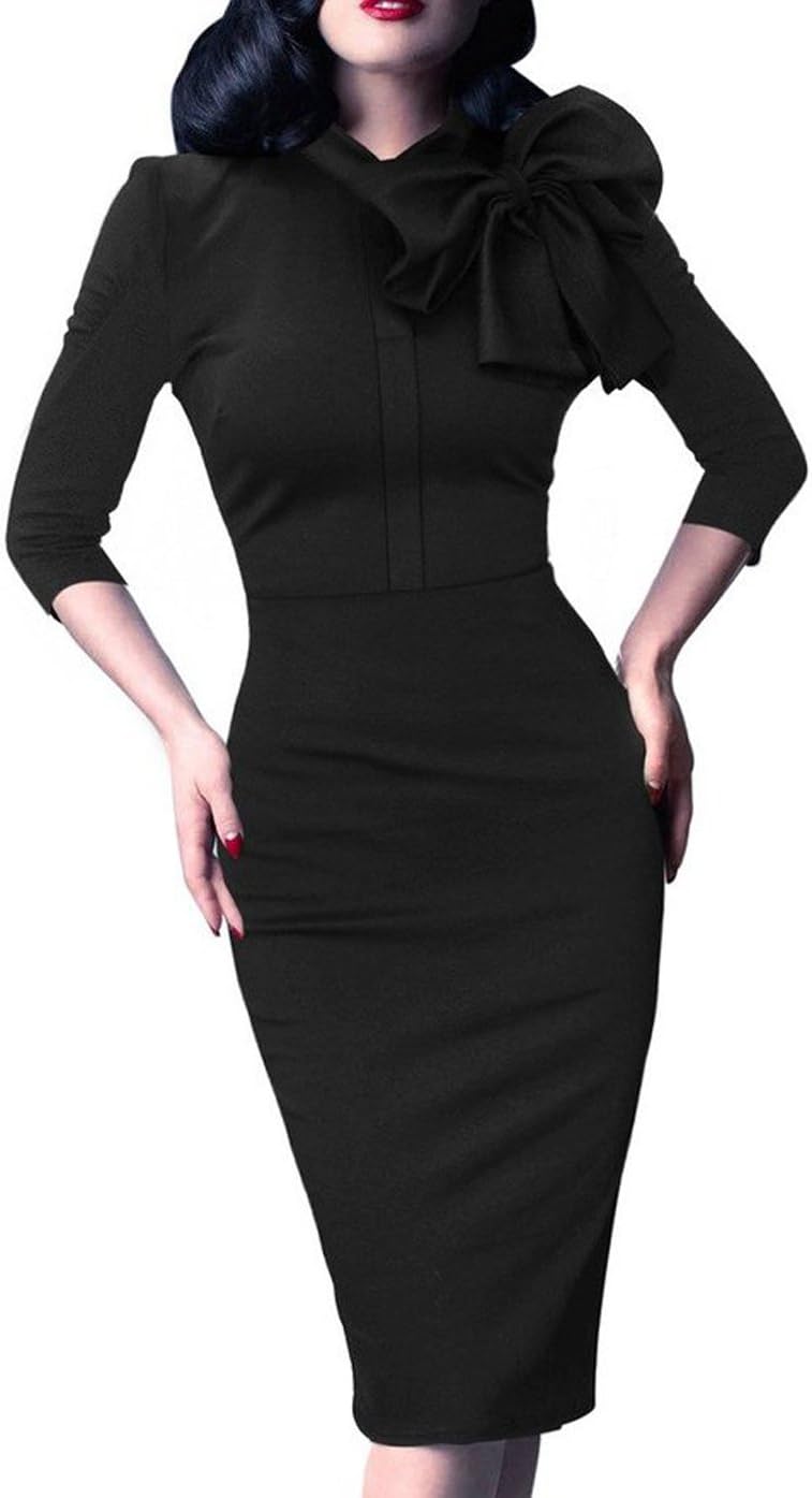 Women's 1950s Retro 3/4 Sleeve Bow Cocktail Party Evening Dress Work Pencil Dress