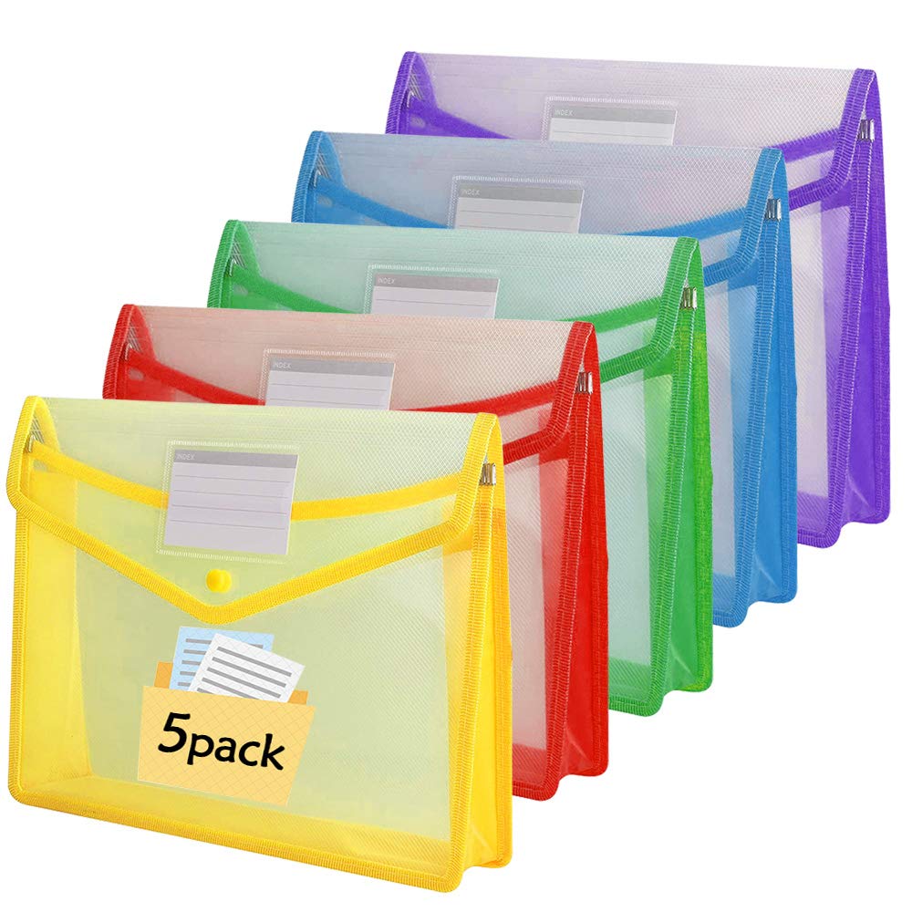 Plastic Wallets, 5 Pcs A4 Document Folder Wallet Popper Wallets Plastic Document Files Folders, Multicolor Envelope Folder Pockets for School Office Home with Snap Closure and Card Slot - Multicolor