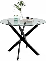 GOLDFAN Round Tempered Glass Dining Table with Black Tubular Legs 100x100cm