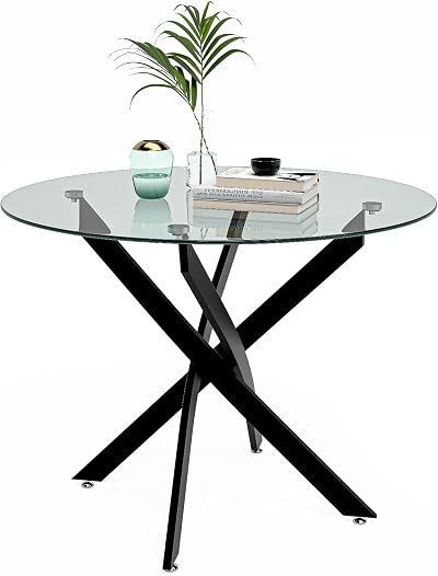 GOLDFAN Round Tempered Glass Dining Table with Black Tubular Legs 100x100cm