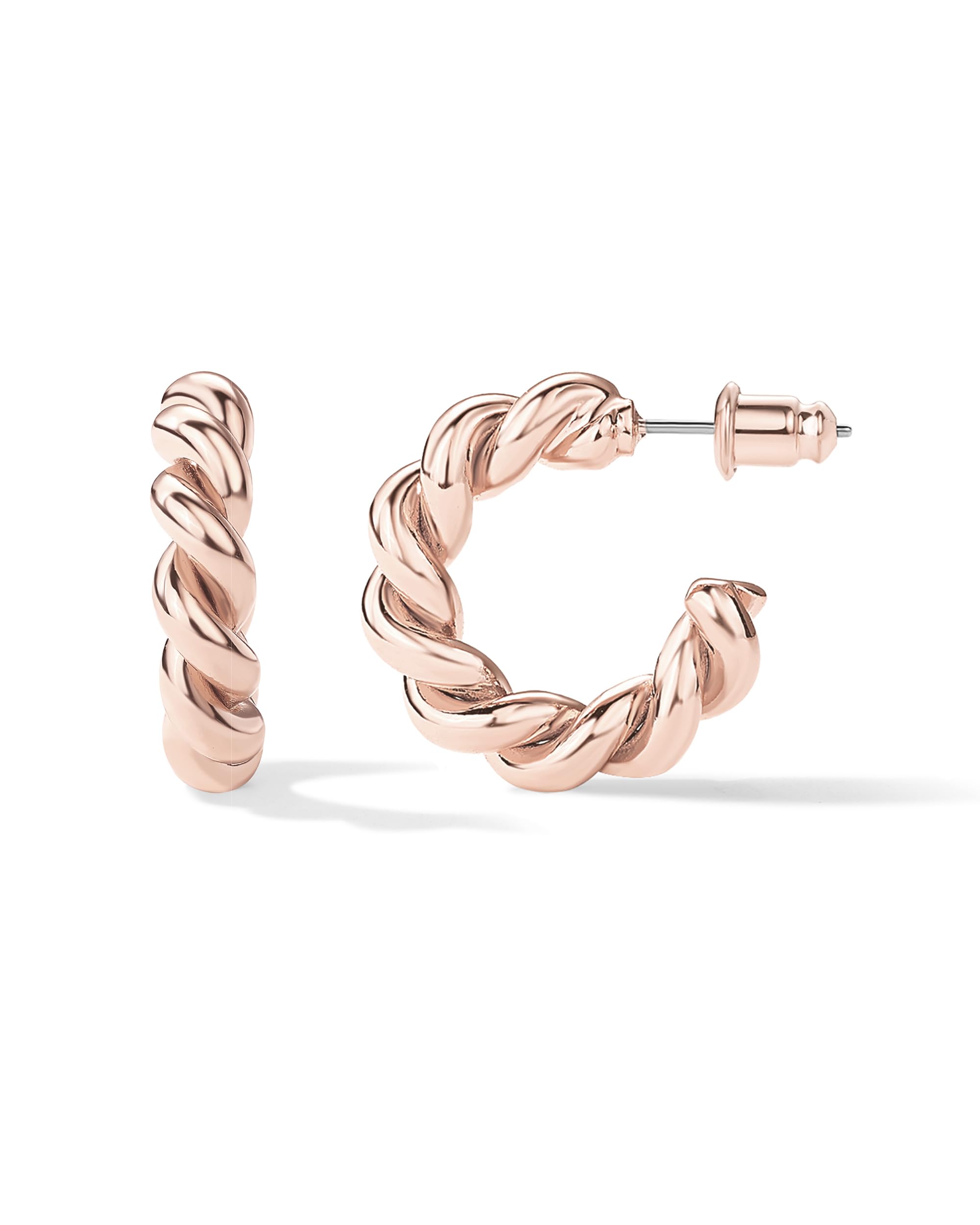 PAVOI 14K Gold Plated 925 Sterling Silver Twisted Rope Round Hoop Earrings in Rose Gold, White Gold and Yellow Gold (16.00, Rose Gold)