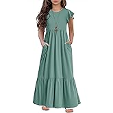 HOSIKA Girls Summer Ruffle Short Sleeve Crew Neck Loose Casual Flowy Tiered Maxi Dress with Pockets for 6-12 Y