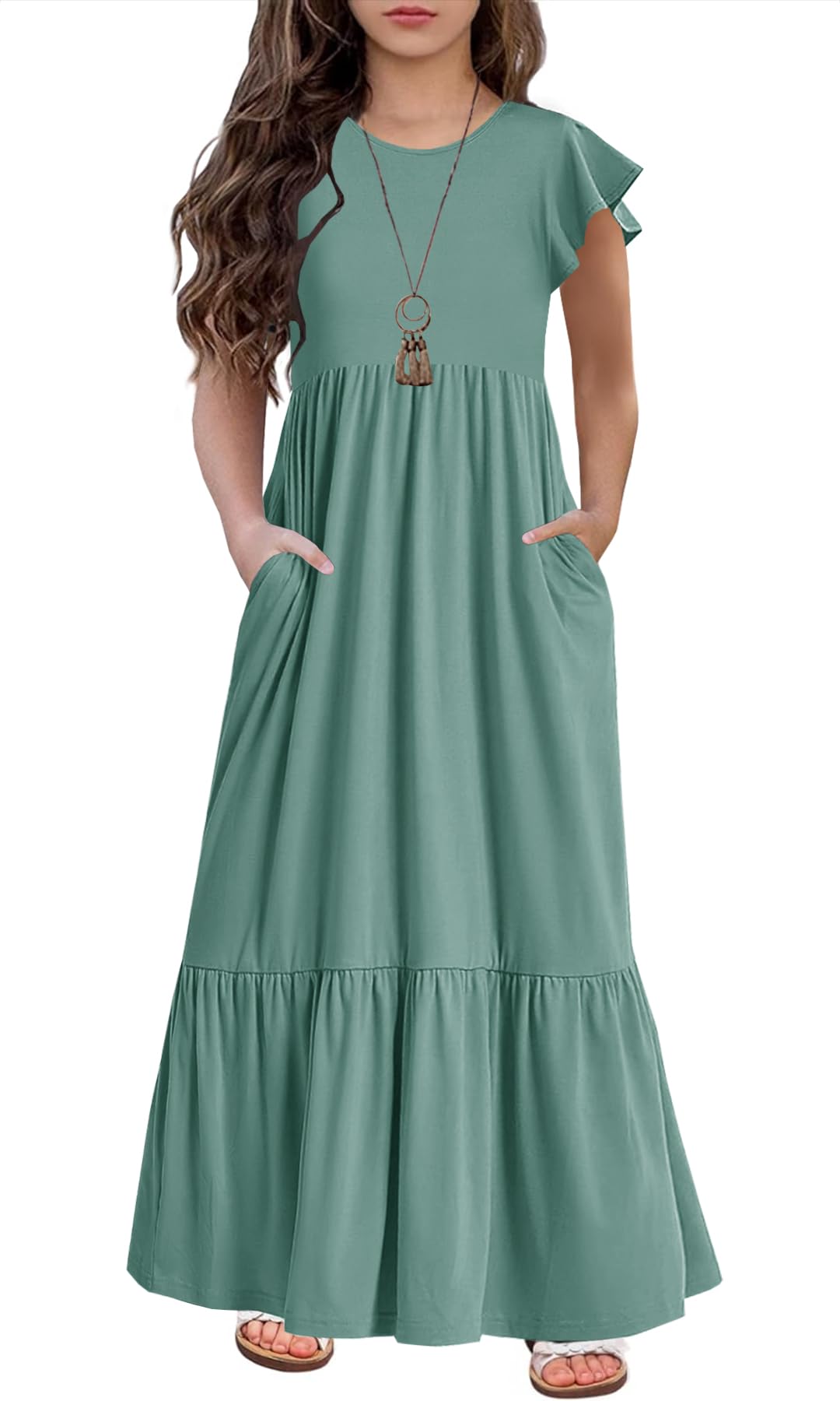 Photo 1 of HOSIKA Girl Flowy Dress Boho Short Sleeve Pleated Waist Casual Swing Dresses with Pockets for Girls 6-12 Years Sage