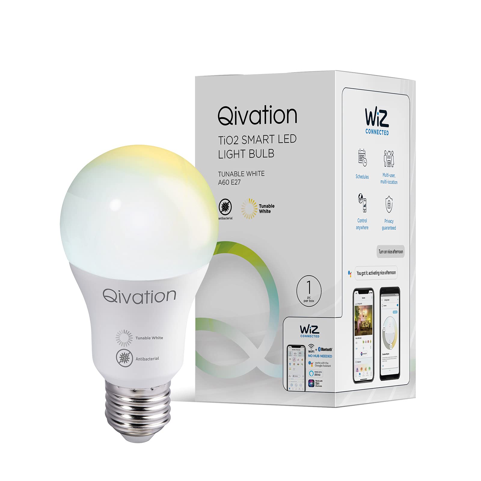 Qivation TiO2 Smart LED Bulb Japan tech Air Purification, E27 8W, Tunable White, Soft, Dimmerable, WiFi +BLT, Works with Amazon Alexa and Google Home, No Required Hub