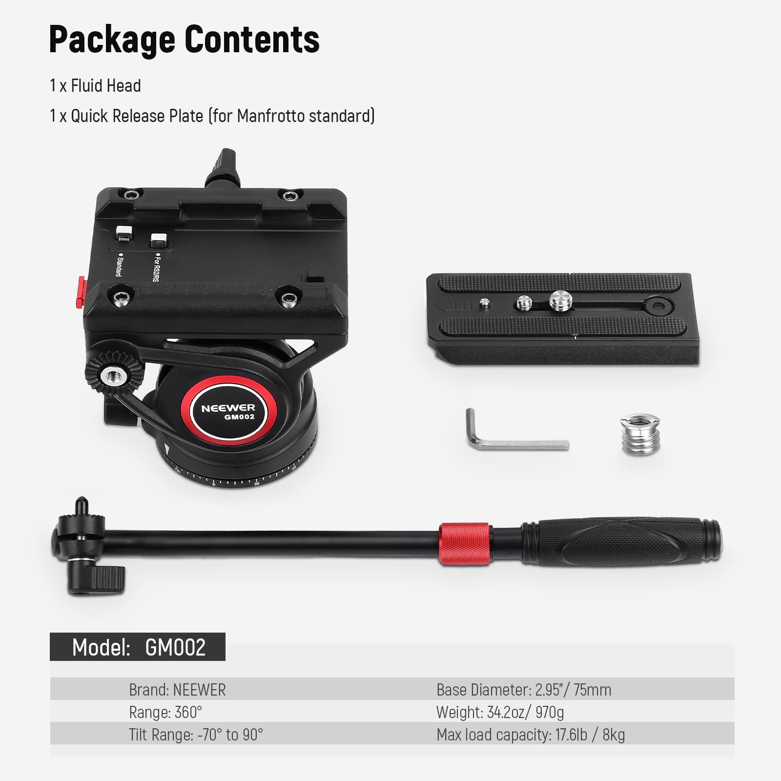 NEEWER Video Tripod Fluid Head with Quick Release Plate, Telescopic Handle & Scaled Base (75mm Dia.) Heavy Duty, Max Load 17.6lb/8kg for Video Cameras and DSLR Cameras