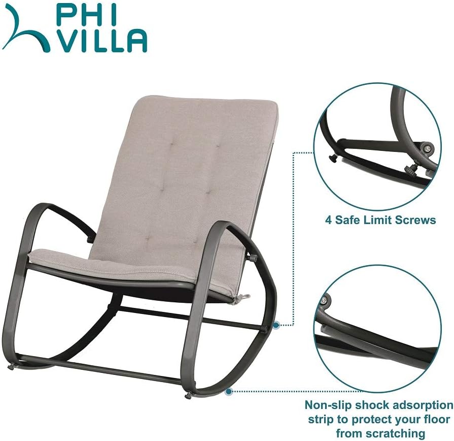 PHI VILLA Outdoor Patio Metal Rocking Chair, Padded Modern Rocker Chairs with Cushion, Support 300lbs for Porch, Deck, Balcony or Indoor Use (1 Pack, Black): Furniture & Decor
