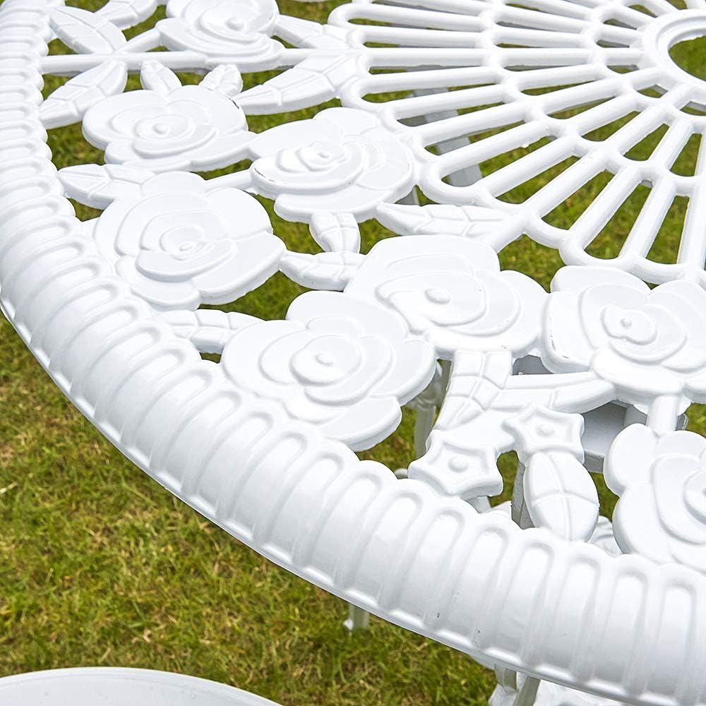 Home Source Rose Garden Patio Outdoor Bistro Set Table and 2 Chairs Metal Garden Furniture, White, Table 2 Chairs - Image 4