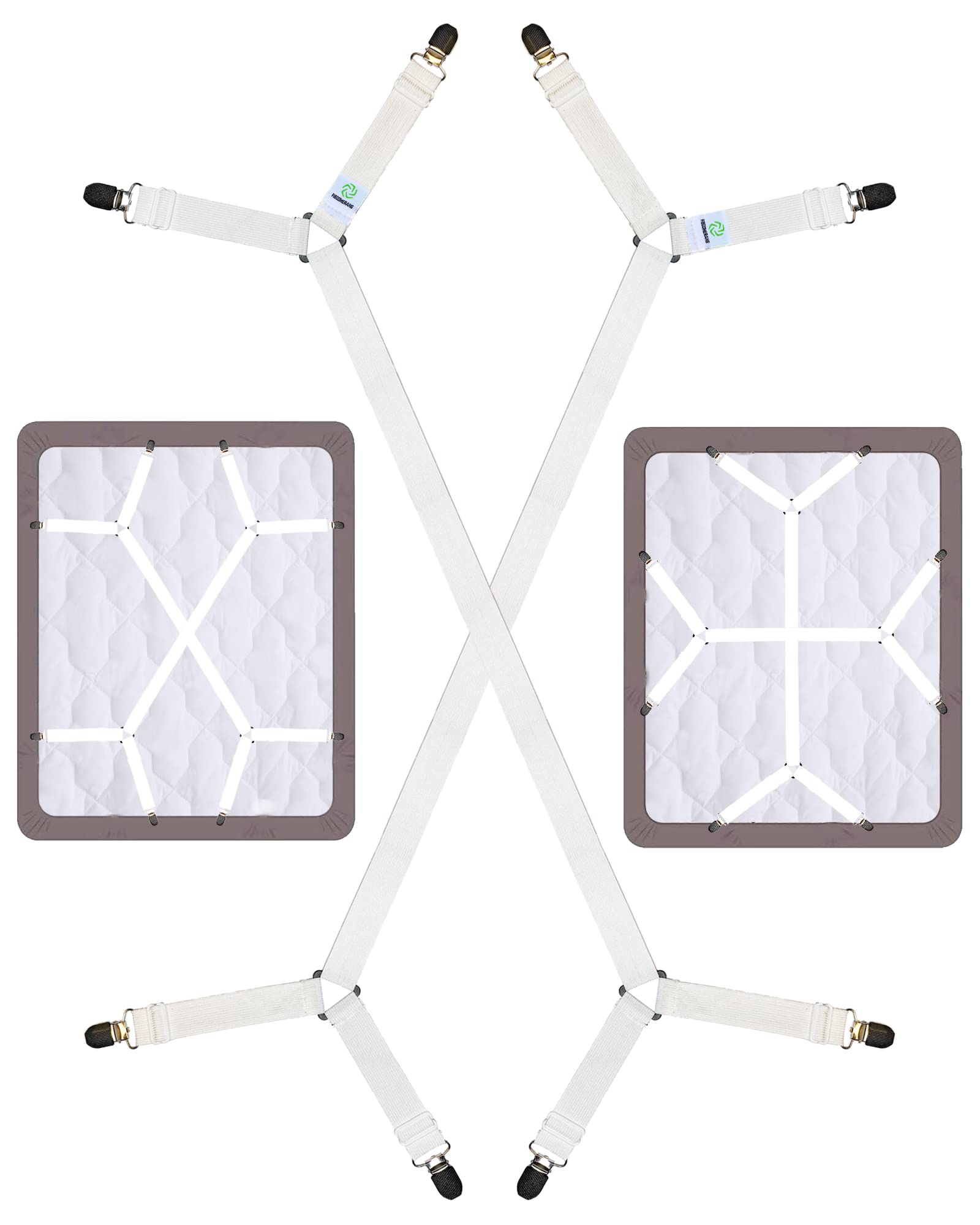 FIBOOMERANG Bed Sheet Clips, Criss-Cross Bed Sheet Straps Fasteners Fitted Sheets Flat Bedsheet in Place Mattress Corner Suspenders Grippers Holders (2Pcs/Set, White)