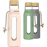 HY3 Borosilicate Glass Drinking Bottle with Bamboo Lid and Silicone Sleeve, 22 oz Reusable Water Bottle with Carry Cord for Travel, Leak Proof, BPA-Free (Wildflower Pink)