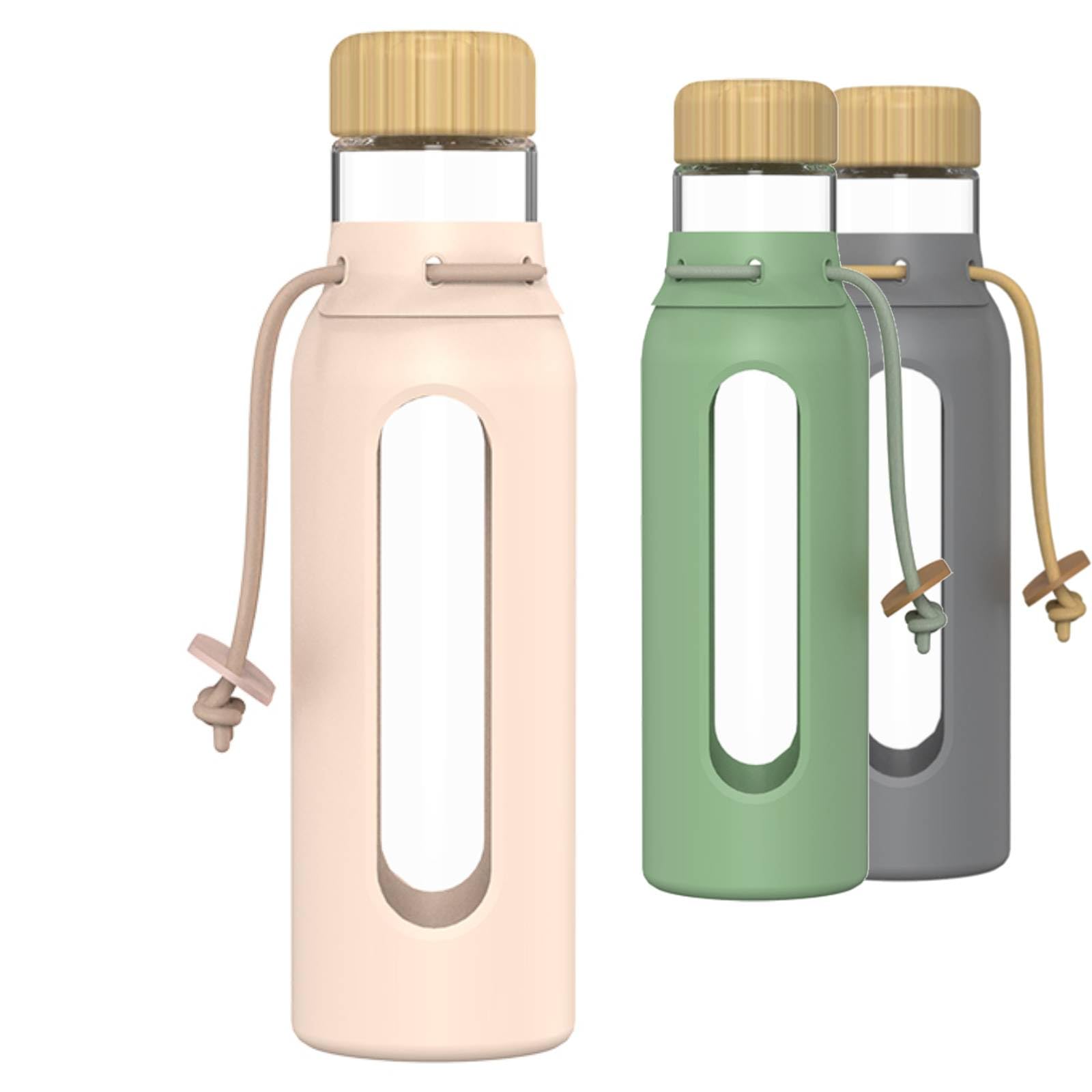 Photo 1 of (Silicone sleeve missing) HY3 Borosilicate Glass Drinking Bottle with Bamboo Lid and Silicone Sleeve, 22 oz Reusable Water Bottle with Carry Cord for Travel, Leak Proof, BPA-Free (Wildflower Pink)