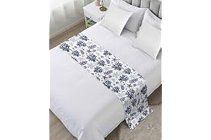 DecorLovee Navy Blue Coastal Bed Runners for Queen Size Bed, Beach Nautical Bed Throws for Foot of Bed, Ocean Coral Starfish Bed Runner Sofa Throw Bedding Scarf Protector Slipcover for Bedroom