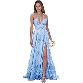 DJFLFU Floral Printed Chiffon Prom Dress for Carmen 2025 Long V Neck Floor Length Photoshoot Dress with Side Slit Ruched