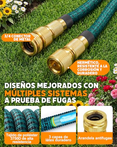 Evviee Manguera Jardin Extensible, Manguera Extensible 30 Metros con 10 Boquillas de Patrón de Pulverización Conector de Latón Tela 3750D Manguera, Adaptadores de 1/2" y 3/4" para Jardinería