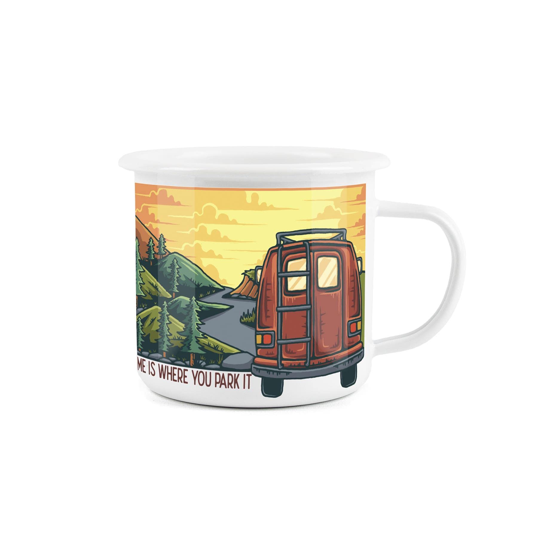 Enamel Camping Coffee Mug - 'Home is Where You Park It' Campervan Caravan - Durable Hot Drinks Outdoor Cup for Travel Picnics Home Festivals Hiking Fishing