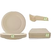 Diihossbox 75 Piece (25 Sets) Biodegradable Paper Plates and Napkins Set Disposable Heavy-Duty 7" Dessert Plate,Include Plates,Forks,Napkins for Birthday Camping Party Supplies Wedding Graduations