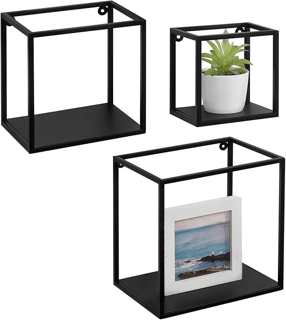 MyGift Black Metal CubeFrame Wall Hanging Shelves, Set of