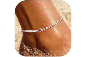 SILVERCUTE Figaro Anklets for Women, Sterling Silver Chain Ankle Bracelet with Heart/Round Birthstones, Length 8.5"-10.5"