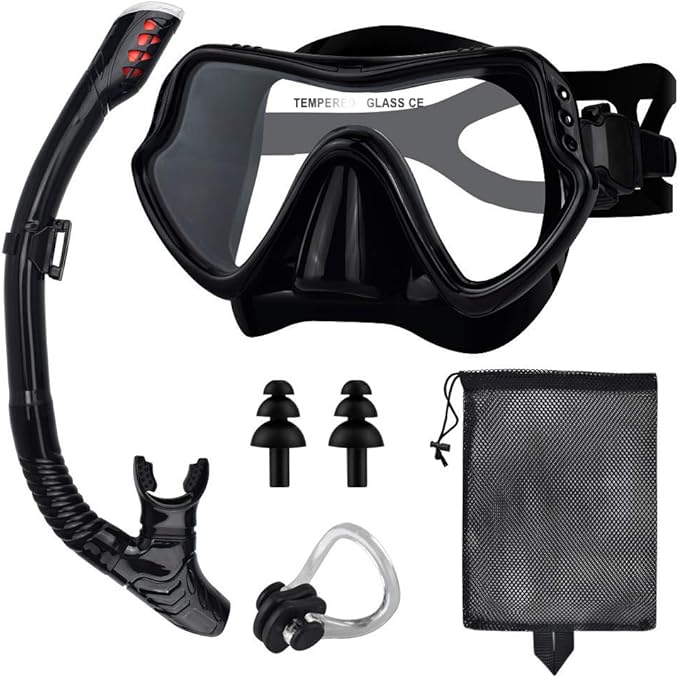 Snorkel Mask Set, AntiFog Freediving Mask & Dry Snorkel, Free Breathing AntiLeak Dry Top