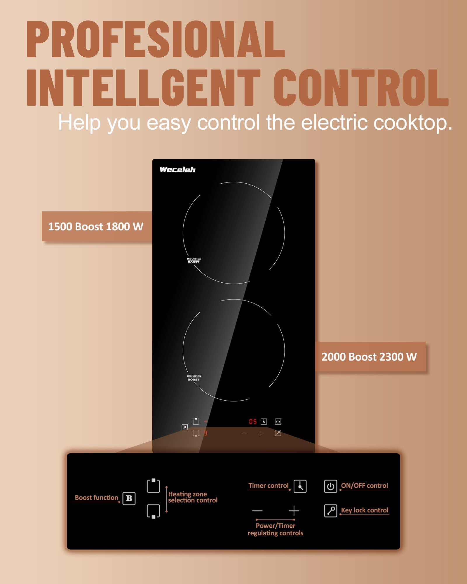 12 Inch Induction Cooktop 2 Burners Built-in Electric Stove top Boost Electric Hob Cooktop with 9 Power Levels, Child Safety Lock,Timer, 220-240V