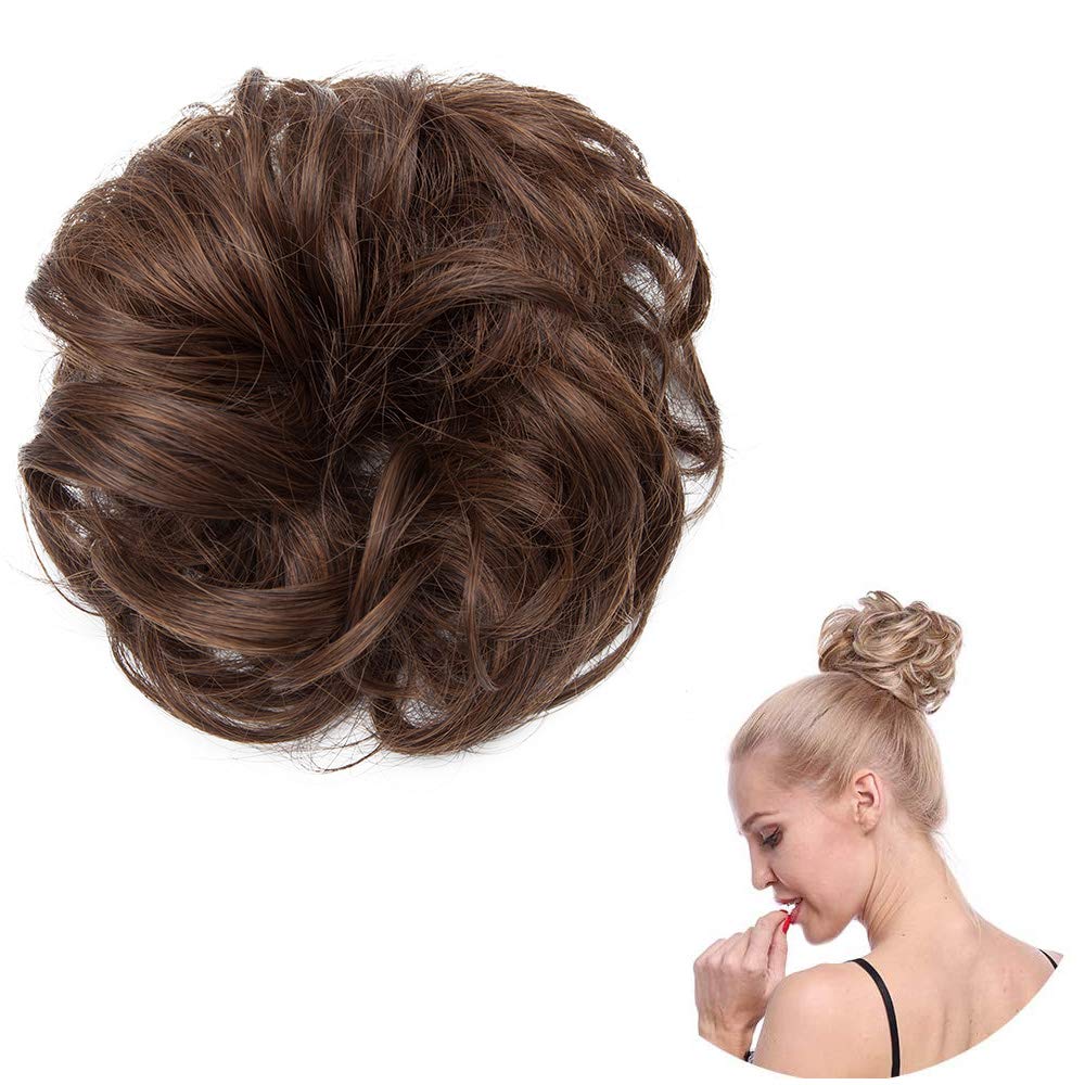 Messy Updo Hairpiece Scrunchy Scrunchie Hair Bun Extension [Dark Brown Mix Light Auburn] Curly Hair Ribbon Ponytail Extensin Donut Hair Chignons