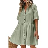 chouyatou Women's Casual Short Sleeve Button Down Mini Shirt Dress Cotton Babydoll Tunic Loose Beach Dress