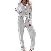 Womens Long Sleeve Pajamas Set Soft Sleepwear Shirt and Long Pants Pj Lounge Sets Button Down Nightwear with Pockets