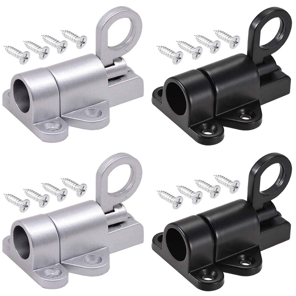 Spring Latch Bolt, 4 Pieces Aluminum Alloy Automatic Latch Lock, Window Gate Safety Pull Ring, with Screw, Automatic Rebound, for Balcony Doors, Garden Doors, Windows(Black and Silver)