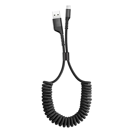 Coiled USB Cable for Car, Retractable iPhone Charger USB to Light ning
