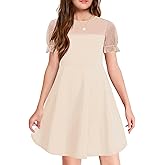 Haloumoning Girls Contrast Mesh Puff Short Sleeve Dress Kids High Waist A Line Casual Dresses with Pockets 4-14 Years