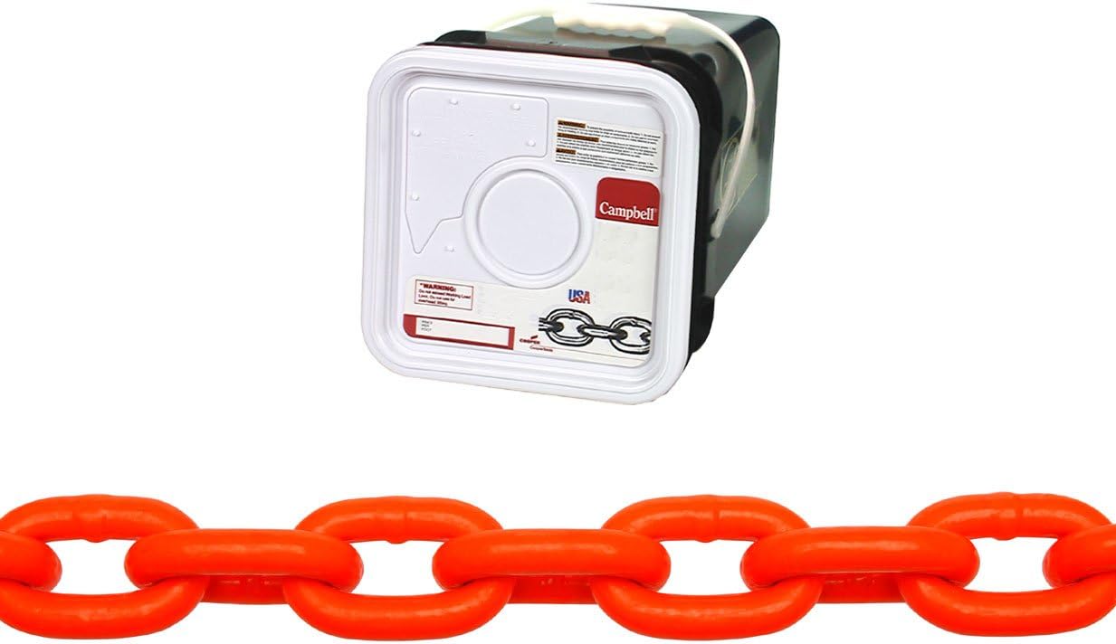 Campbell HV0142526 System 3 Grade 30 Low Carbon Steel Proof Coil Chain in Square Pail, Hi-Visibility Orange Polycoated, 5/16" Trade, 0.31" Diameter, 75' Length, 1900 lbs Load Capacity
