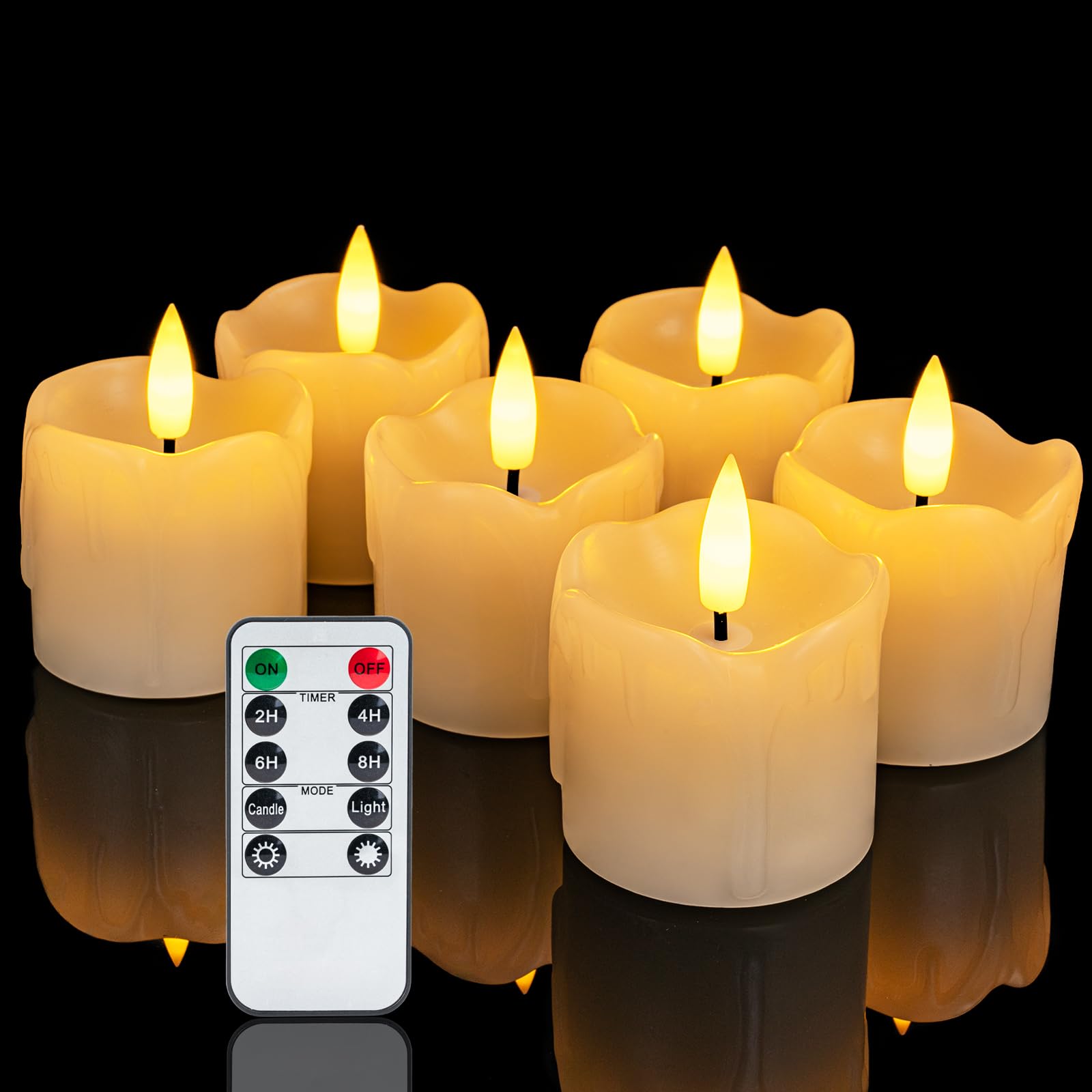 Photo 1 of Homemory Flameless Votive Candles with Timer Remote, 2" x 2" Real Wax, 300+ Hour Realistic Black Wick Battery Operated Candles, Set of 6 for Wedding, Party and Holiday Decoration (Battery Included)