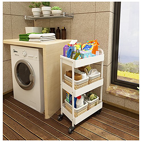 Yontree 3-Tier Kitchen Baker's Rack Utility Storage Trolley Rolling Cart Laundry Cart Flowerpot Shelf Gap Storage Rack Moveable Bookcase for Kids White 17.7x11x33 in.
