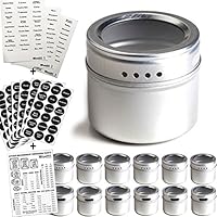 12 Magnetic Spice Tins & 2 Types of Spice Labels, Authentic by Talented Kitchen. 12 Storage Spice Containers, Window Top w/Sift-Pour. 113 Clear & 126 Chalkboard Stickers. Rack Magnetic On Refrigerator