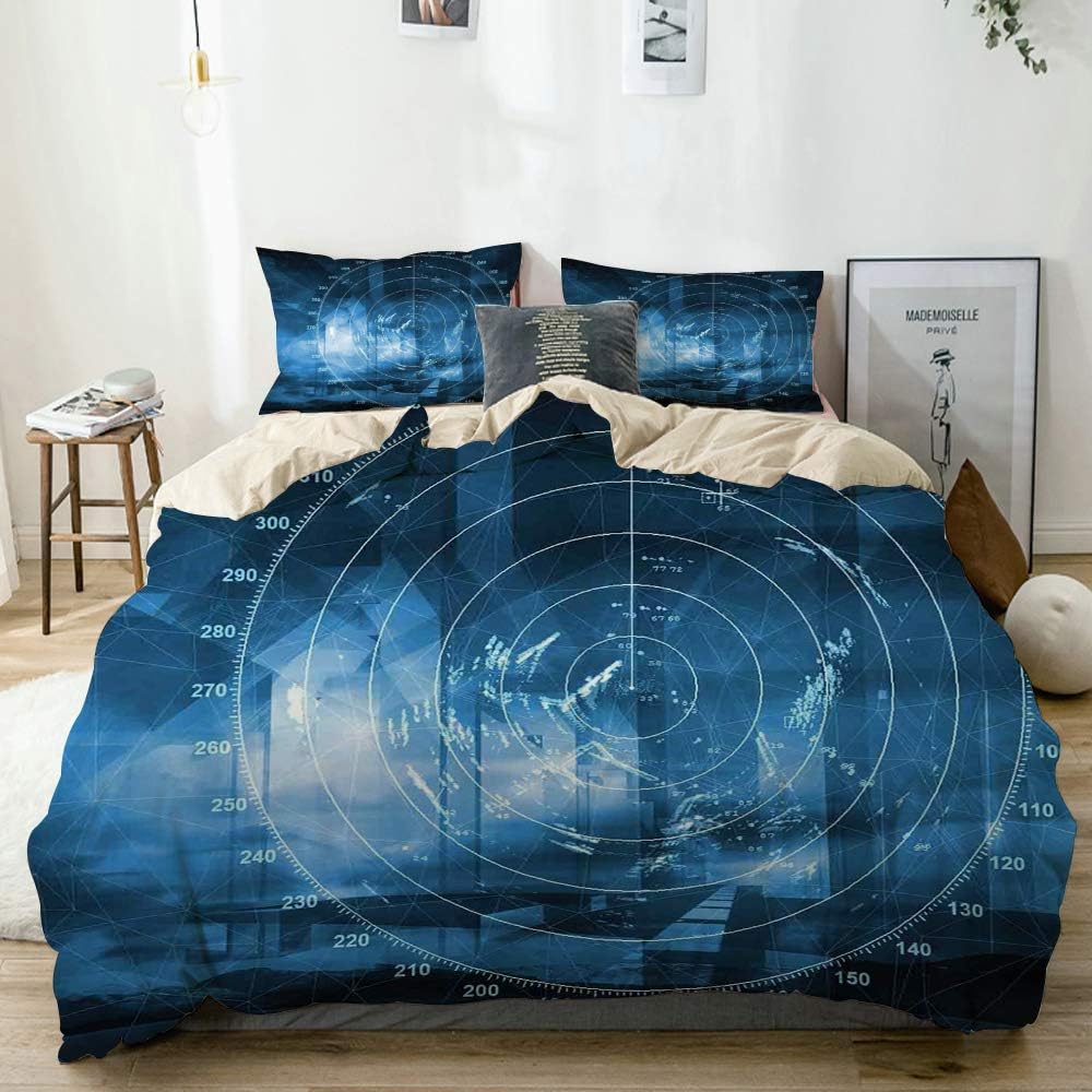 JOSENI Duvet Cover Set Blue Digital Futuristic Ship Print Beige Decorative 3 Piece Bedding Set with 2 Pillow Shams Queen Size