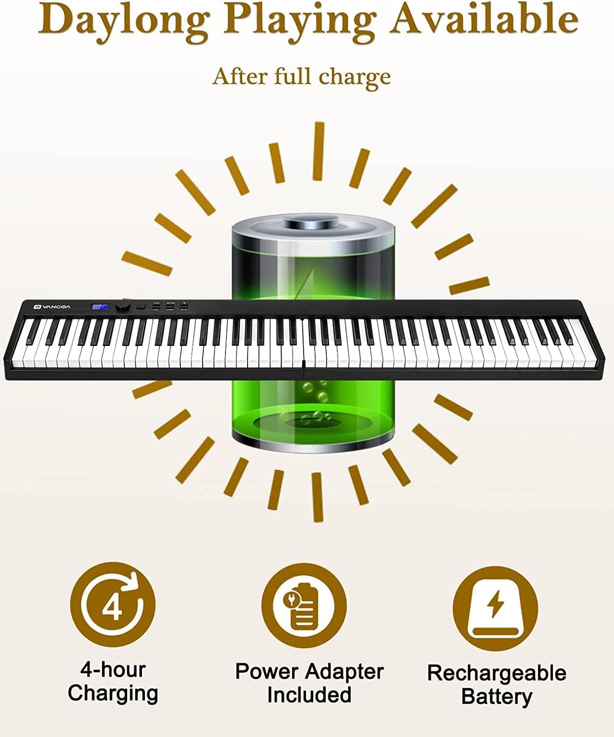 Folding Piano, Portable 88 Key Full Size Foldable Keyboard Piano Semi-Weighted Bluetooth with Light up Keys, Sustain Pedal and Handbag, Black, by Vangoa