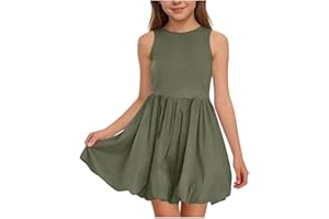 Girl's Sleeveless Bubble Dresses A Line Flrare Dress Cute Boat Neck Dresses Pleated Solid Mini Tank Sundress