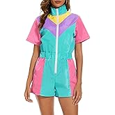 Yisfri Color Block One Piece Windbreaker Outfits for Women Neon Short Sleeve Zip Front Elastic Waist Jumpsuit Overall